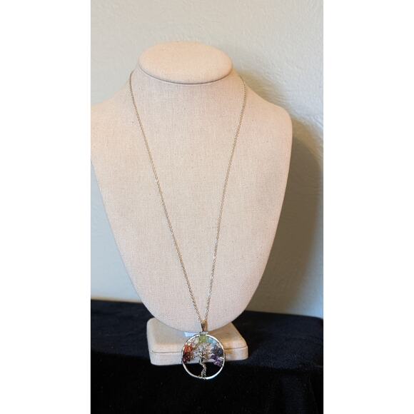 Gemstone Tree of Life Pendant Marked 8KGE on Silver Tone Chain Necklace - Picture 5 of 7